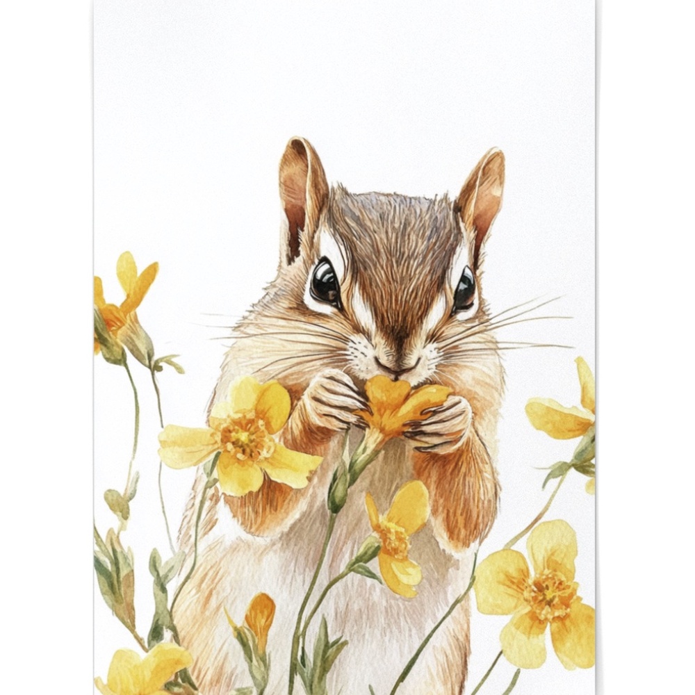 Watercolor Floral Chipmunk Portrait Wall Art Illustration Print Poster Unframed - Picture 2 of 9